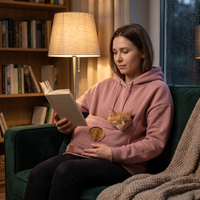Abend auf dem Sofa, eine rote Katze schläft in der Kuscheltasche